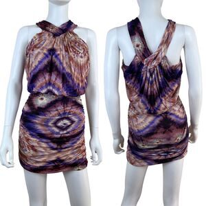 YFB Women Size S Halter Tie Dye Ruched Jersey Knit Pullover Bodycon Mini Dress